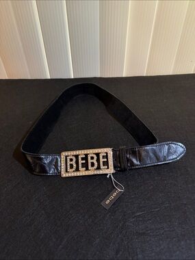 bebe Black Crystal Logo Buckle Belt